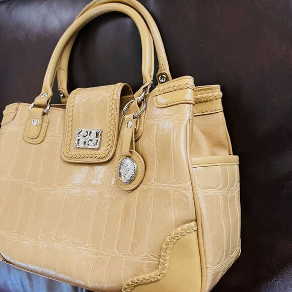 Vintage Bueno Embossed Croc Faux Leather Satchel Bag Purse Duffel Tan Camel Fob - Picture 5 of 14